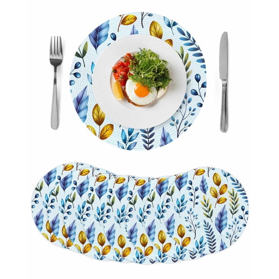 Blue Yellow Leaves Round 15 Inch Placemats Set of 8, Spring Botanical Leaf Farmhouse Watercolor HeatResistant Non Slip Place Mats for Dining Table, Wipeable Kitchen Table Mats for Housewarming