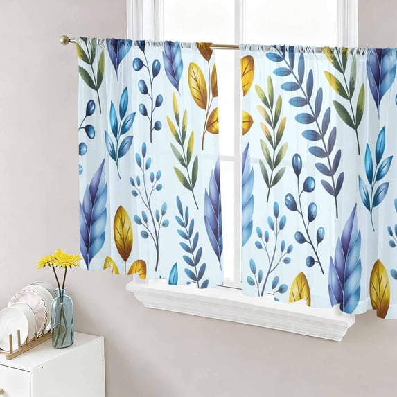 Blue Yellow Leaves Sheer Curtains 45 Inch Length 2 Panels Set Window Treatments, Spring Botanical Leaf Farmhouse Watercolor Rod Pocket Semi Curtains for Living Room/Bedroom/Kitchen, 104"W x 45"L
