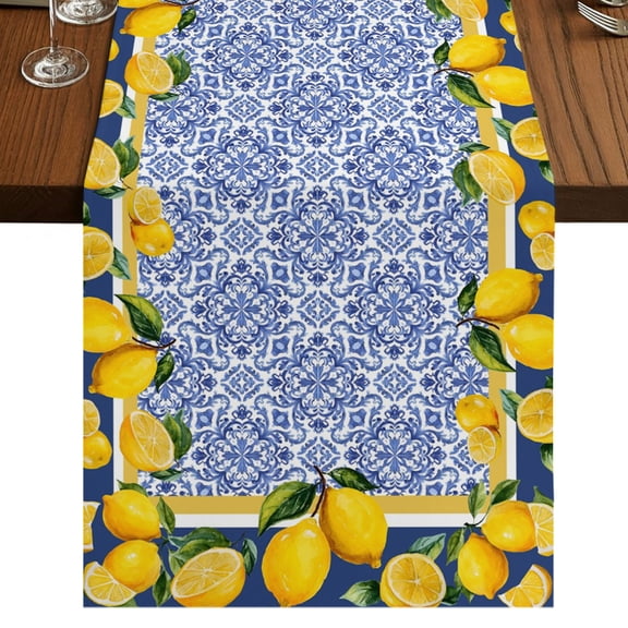 Blue Yellow Lemon Burlap Cotton Table Runner 13x36 Inches Short, Summer Country Fruits Italian Style Farmhouse Table Runners, Outdoor Dining Table Decor for Baby Shower/Party/Wedding
