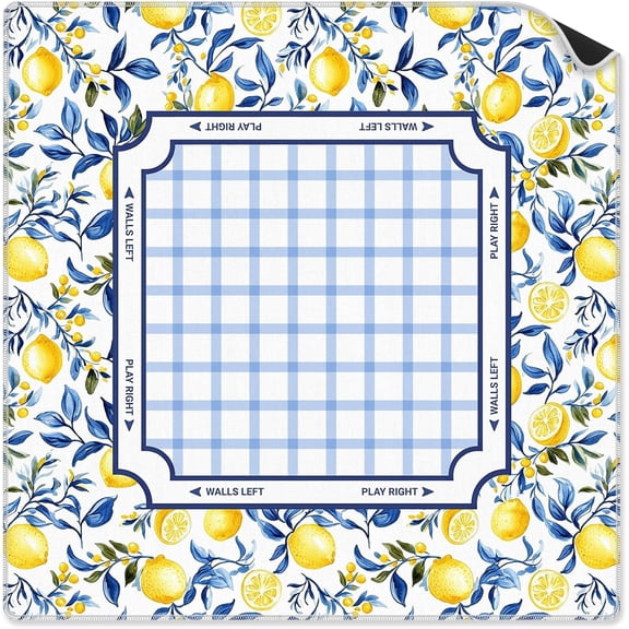 Blue and Yellow Lemon Mahjong Mat 31.5 x 31.5 in, Mediterranean Lemon Blue Checked Mahjong Mat, Non-Slip Noise Reduction Game Table Cover for Card Poker Dominoes Dice and Board Games