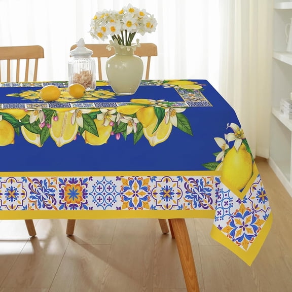 Blue Yellow Lemon Vintage Pattern Tablecloth 52" x 70" Rectangle, Summer Table Cloth Spill-Proof Stain Resistant Wrinkle Free Table Cover for Dining, Party, Picnic