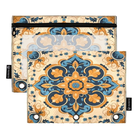 Blue Yellow Mandala 2 Pack Pencil Pouch for 3 Ring Binder Smooth Zipper Folders with Pockets Clear Window Pencil Case