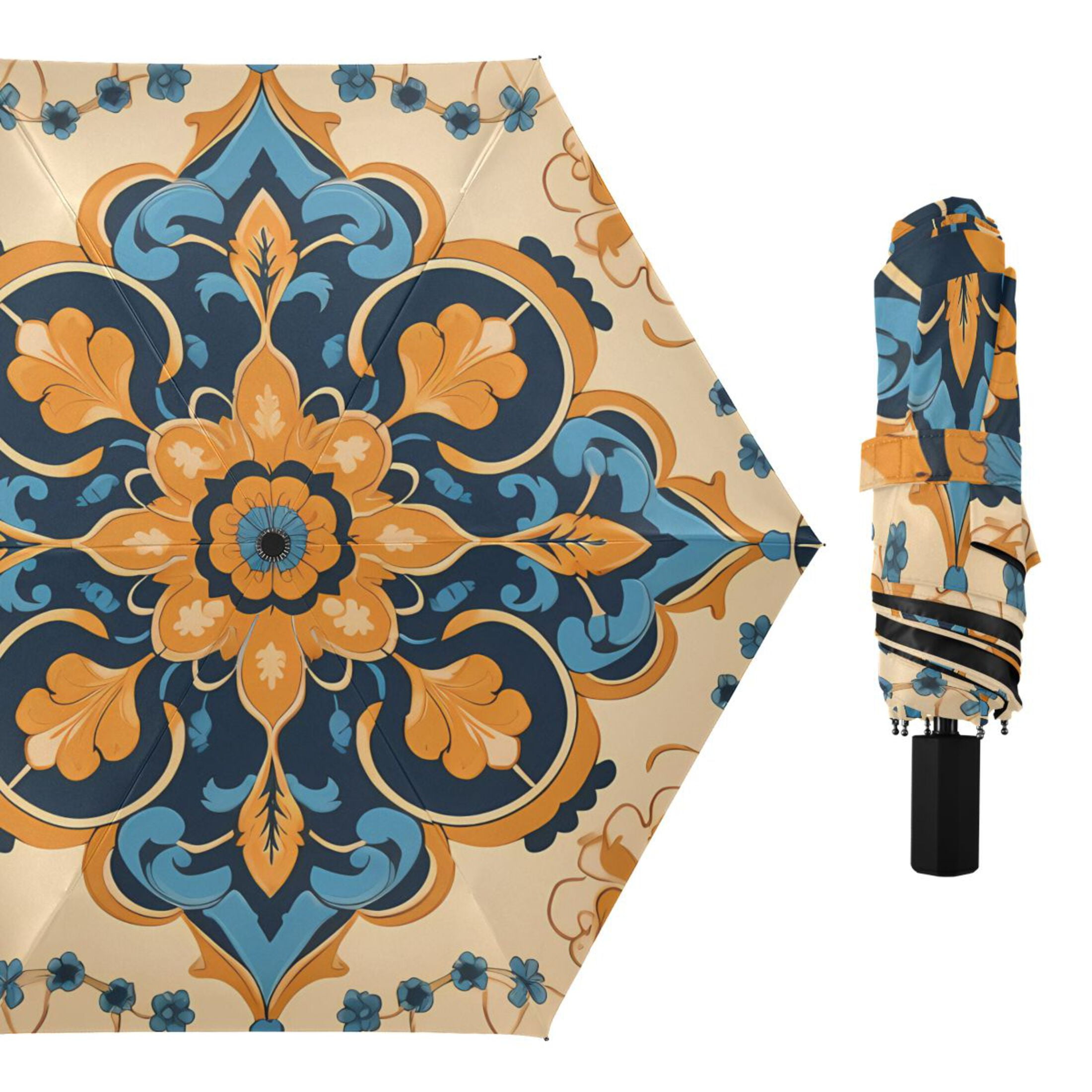 Blue Yellow Mandala Compact Sun Umbrella Windproof Travel Umbrellas for Rain Strong Portable UV Protection