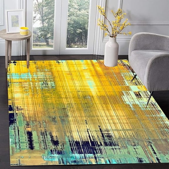 Blue Yellow Modern Abstract Area Rugs Retro Vintage Neutral Rug Chic Rug For Living Room Bedroom Soft Large Carpet Under Dining Table Coffee Desk Lux Home Office Floor Rug 5 x 8ft