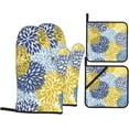 thumbnail image 1 of Blue Yellow and Navy Chrysanthemum Flowers Oven Mitts and Pot Holders 4 Pcs Set Daisy Floral Oven Glove and Potholder Suitable for Barbecues Baking Cooking Microwave, 1 of 6