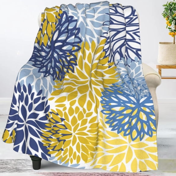 Blue Yellow and Navy Chrysanthemum Flowers Throw Blankets All Season Ultra Soft Warm Daisy Floral Fleece Blanket for Home Bed Sofa Couch Chair Outdoor Travel Camping 50x40 Inch