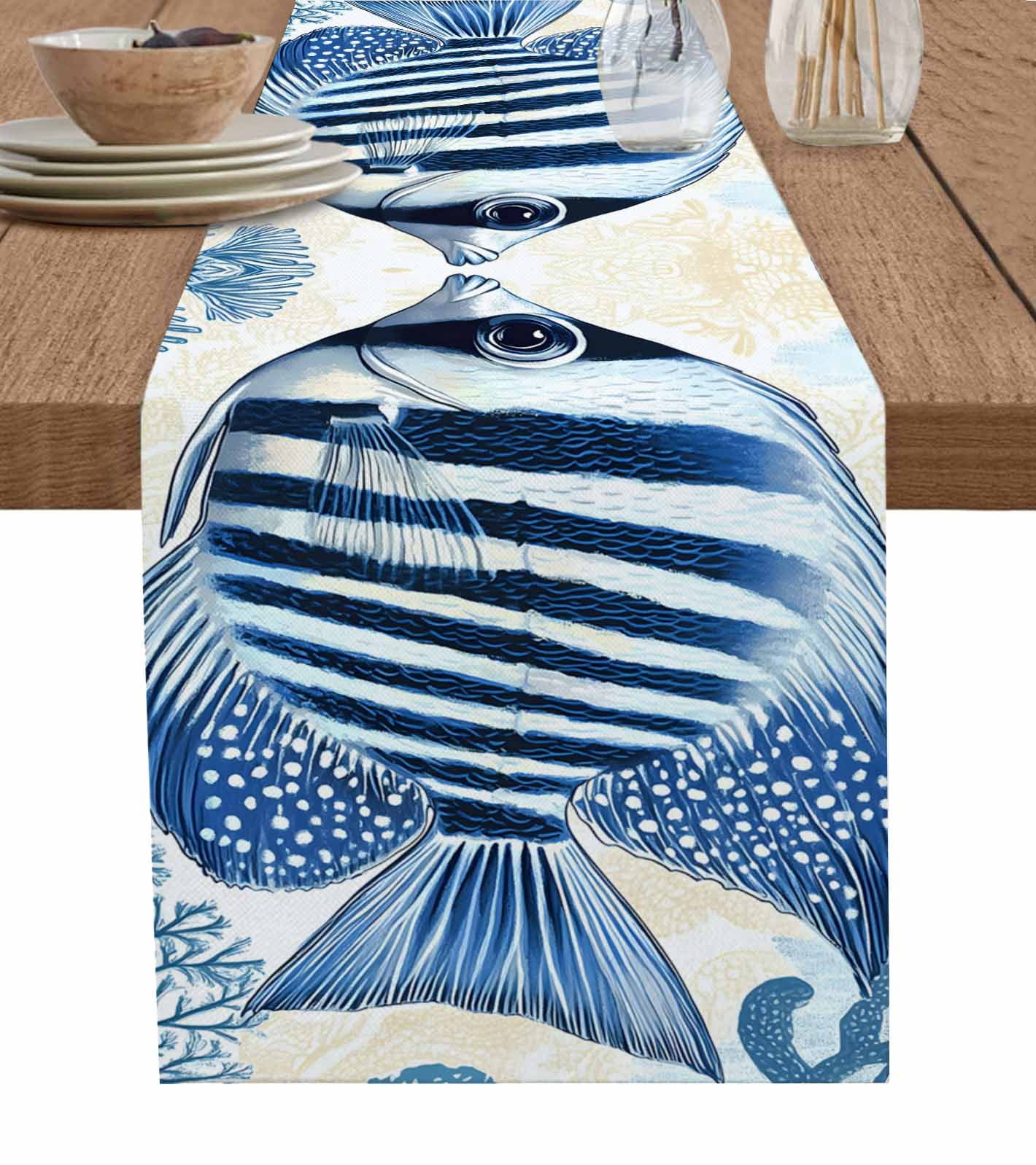 Blue Yellow Ocean Table Runner Cotton Linen 60 Inch Holiday Dresser Scarves, Summer Coastal Stripe Fish Coral Tablerunner for Kitchen Coffee Dining Bedroom Living Room Dinner Scarf Décor 13''x60''