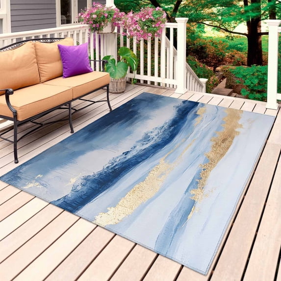 Blue Yellow Oil Painting Outdoor Rug for Patio/Deck/Porch, Non-Slip Large Area Rug 5 x 8 Ft, Modern Ombre Abstract Indoor Outdoor Rugs Washable Area Rugs, Reversible Camping Rug Carpet Runner