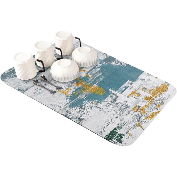 Blue Yellow Ombre Dish Drying Mat for Kitchen Counter,Super Absorbent Quick Dry Coffee Bar Mat Pad Thin Diatomaceous Sink Mat Non Slip Dish Drainer Mat 16x18 Modern Geometric Oil Painting Abstract Art