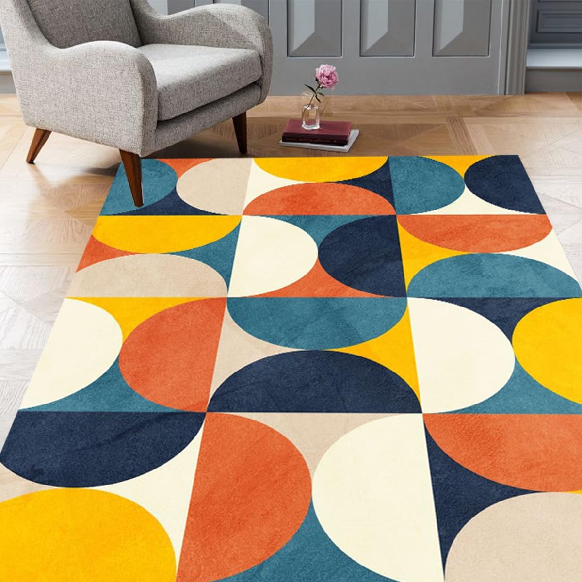 Blue Red Office Rug Blue Yellow Orange Washable Soft Minimalist Modern Area Rug 5' x 6' Mid ...