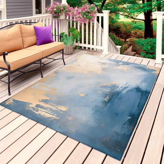 Blue Yellow Outdoor Rug for Patio/Deck/Porch, Non-Slip Large Area Rug 3 x 5 Ft, Oil Painting Modern Abstract Indoor Outdoor Rugs Washable Area Rugs, Reversible Camping Rug Carpet Runner