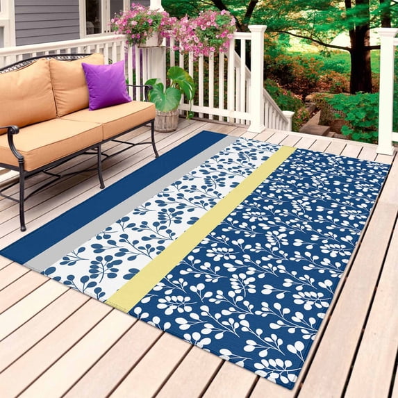 Blue Yellow Outdoor Rug for Patio/Deck/Porch, Non-Slip Large Area Rug 6 x 9 Ft, Botanical Floral Motifs Wildflower Striped Indoor Outdoor Rugs Washable Area Rugs, Reversible Camping Rug Carpet Runner