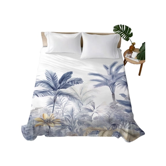Blue Yellow Palm Tree Flat Sheet Only Twin Size, Soft Breathable Bed Top Sheets for Mattress, Summer Botanical Tropical Luxury Bedding Flat Sheets for Home Hotel Bedroom Bed Protection