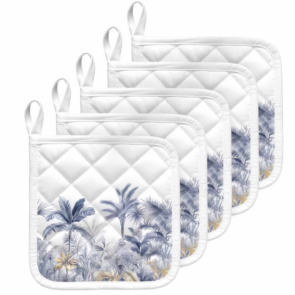 Blue Yellow Palm Tree Pot Holders for Kitchen Heatproof Potholder, 5 Pack Summer Botanical Tropical Hot Pads Multipurpose Oven Pads Cloth Potholders Trivet for Cooking Baking