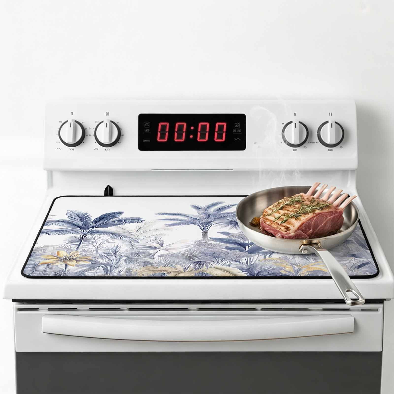 Blue Yellow Palm Tree Stove Top Cover for Electric Stove, Heat-proof & Non Slip Glass Top Stove Cover Protector, Summer Botanical Tropical Kitchen Flat Cooktop Rubber Mat 24x21 Inches