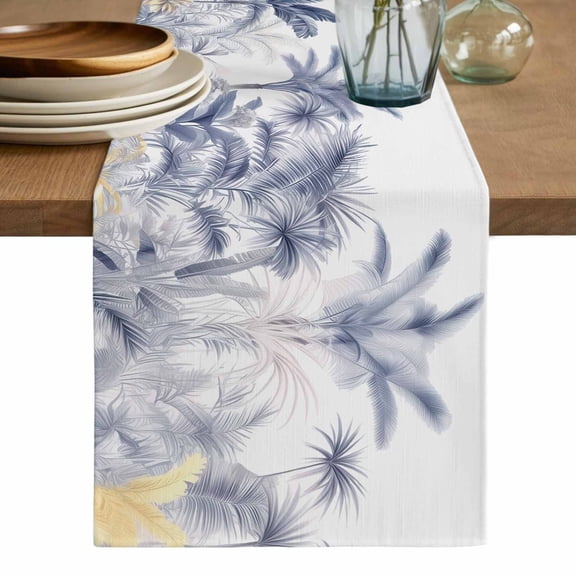 Blue Yellow Palm Tree Table Runner, Summer Botanical Tropical Washable Cotton Linen Table Runners 36 Inches Long, Dresser Scarf Runner for Nightstand/End Tables/Round Tables 13''x36''