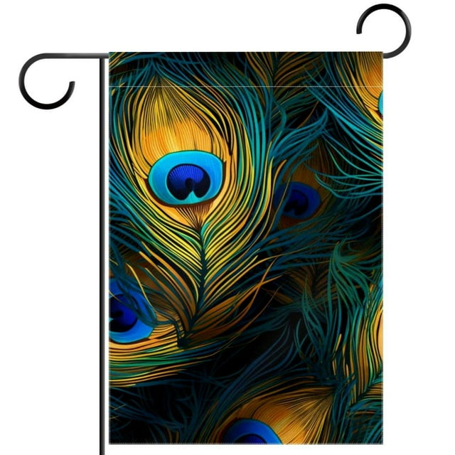 Blue Yellow Peacock Feather Garden Flag 28x40 Double Sided for Outside