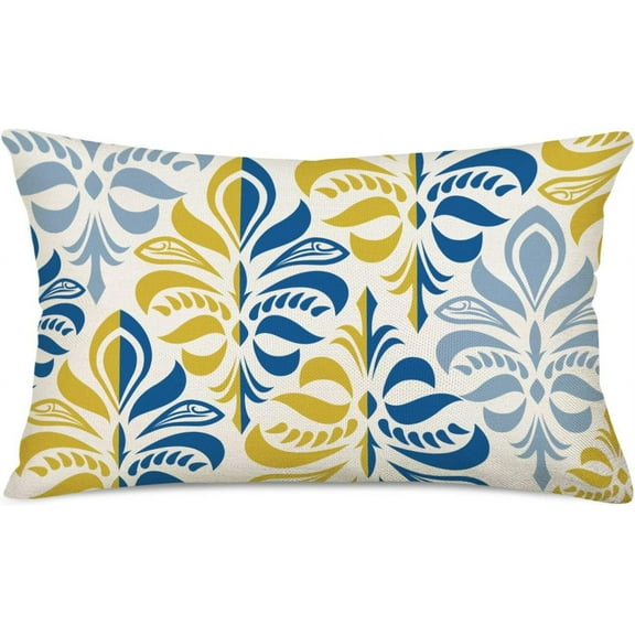 Blue Yellow Pillow Covers 12x20 Inch Geometrical Flower Boho Throw Pillows Summer Farmhouse Outdoor Decor for Home Living Room Sofa Bed Modern Floral Linen Rectangular Cushion Case
