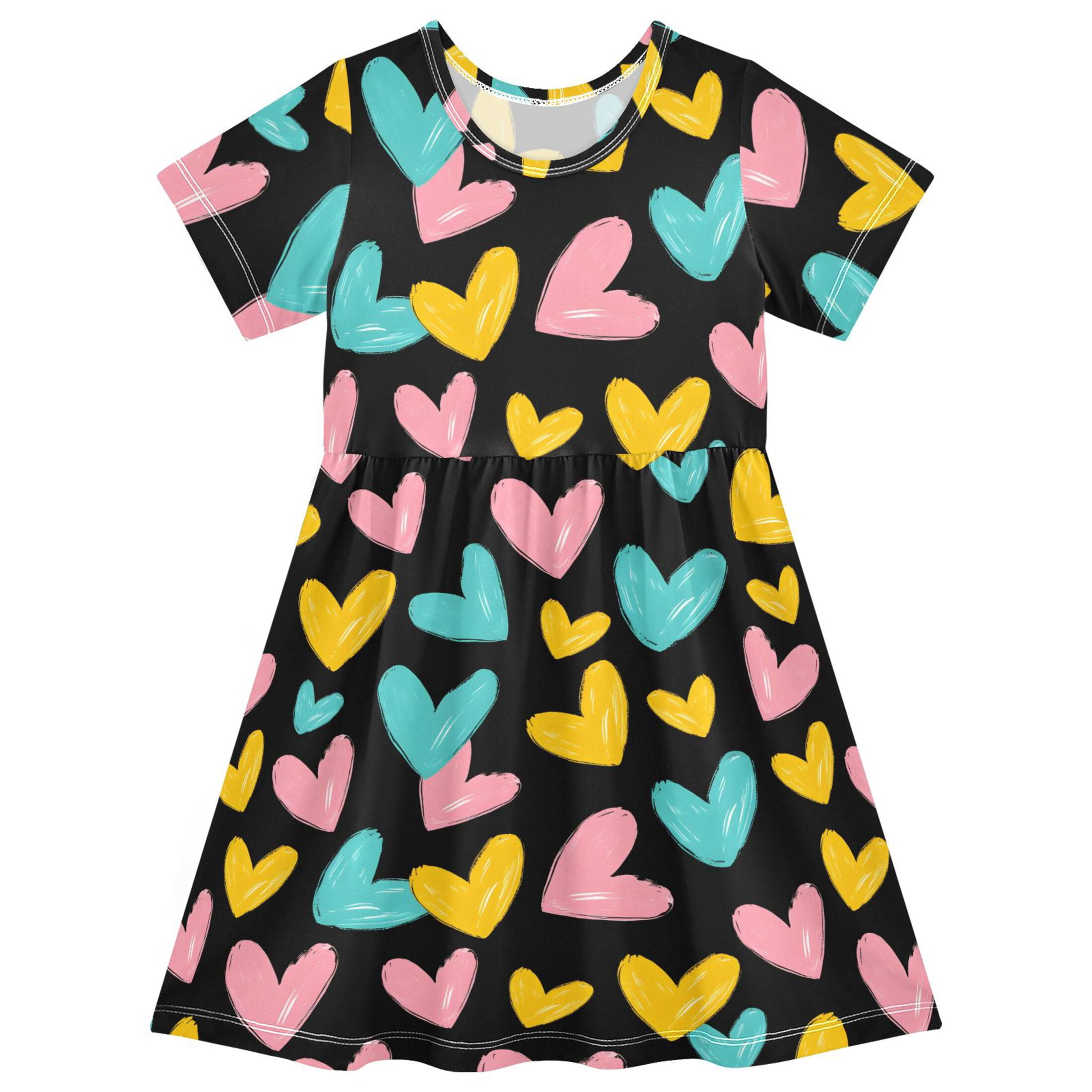 Blue Yellow Pink Hearts Girls Short Sleeve Dress A Line Sun Protection ...