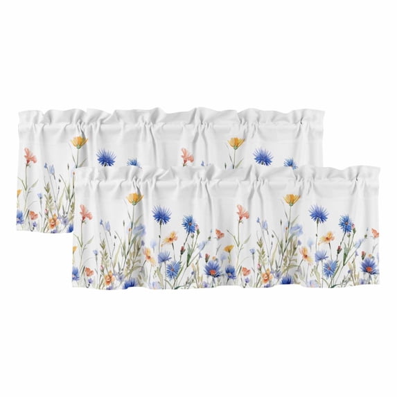 Blue Yellow Pink Spring Floral Curtain Valances for Windows, Kitchen Valance Window Treatments Panel 2 Pack, Watercolor Summer Botanical Rod Pocket Short Curtains for Bathroom Bedroom 54 x 18 Inch