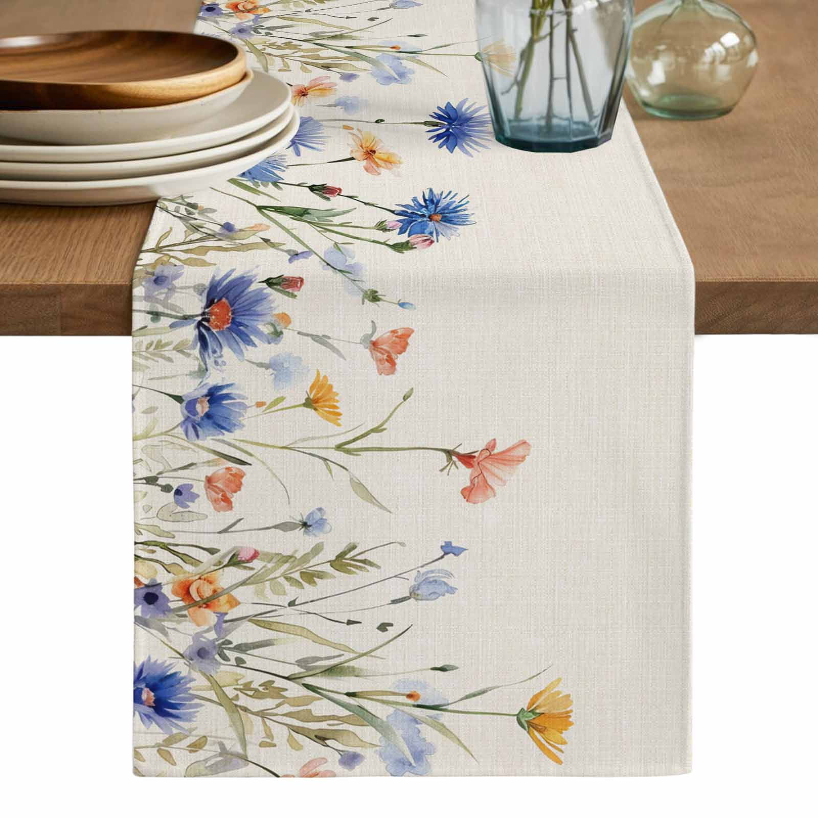 June Table Runner Blue Yellow Pink Spring Floral Table Runner, Watercolor Summer ...
