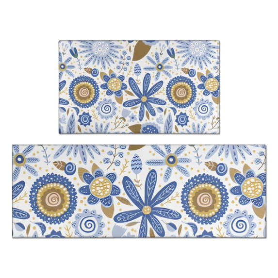 Blue and Yellow Pioneer Flower Kitchen Rugs Sets Of 2,Anti Fatigue Kitchen Mat Rugs Non Slip Washable,Decorative Kitchen Floor Mats for Kitchen,Sink,Laundry,17"x30"+17"x47"