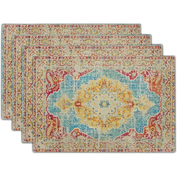 Blue Yellow Placemats Set of 4 12x18 Inch Carpet Pattern Boho Vintage Ethnic Design Floral Print Table Mats Farmhouse Decorative Linen Washable Place Mats for Holiday Party Kitchen Dining Table Decor