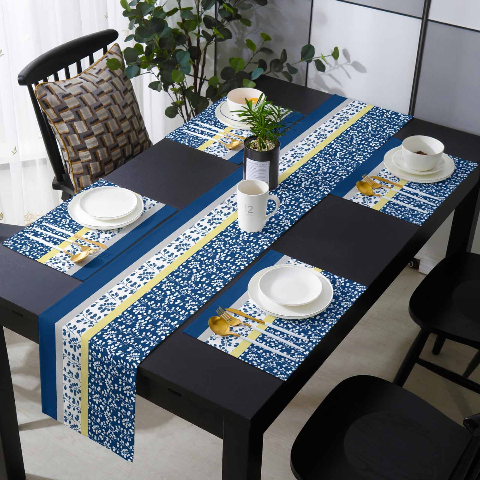 Blue Yellow Placemats Set of 6 with 90 Inches Long Table Runners