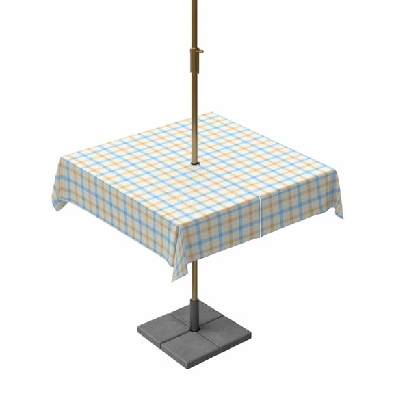 Blue Yellow Plaid Outdoor Rectangle Tablecloth with Umbrella Hole 54"x54", Classic Soft Yellow Grid Checkered Lines Stripes Waterproof Zippered Table Cloth Wrinkle Free Wipeable Desk Covers for Patio