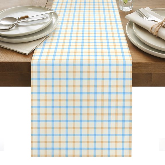 Blue Yellow Plaid Table Runner, Classic Soft Yellow Grid Checkered Lines Stripes Washable Kitchen Table Runners Dress Scarves for Dining Table Decorations Party/Restaurant/Indoor Outdoor Use, 13x36in