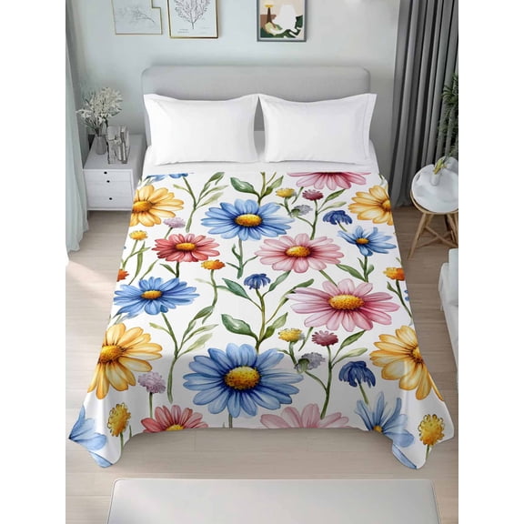 Blue Yellow Red Floral Spring Queen Size Flat Sheet, Wrinkleproof & Fadeproof Cooling Flat Bed Sheet Only, Watercolor Daisy Summer Breathable Soft Bedding Top Sheets 90 x 102 Inches