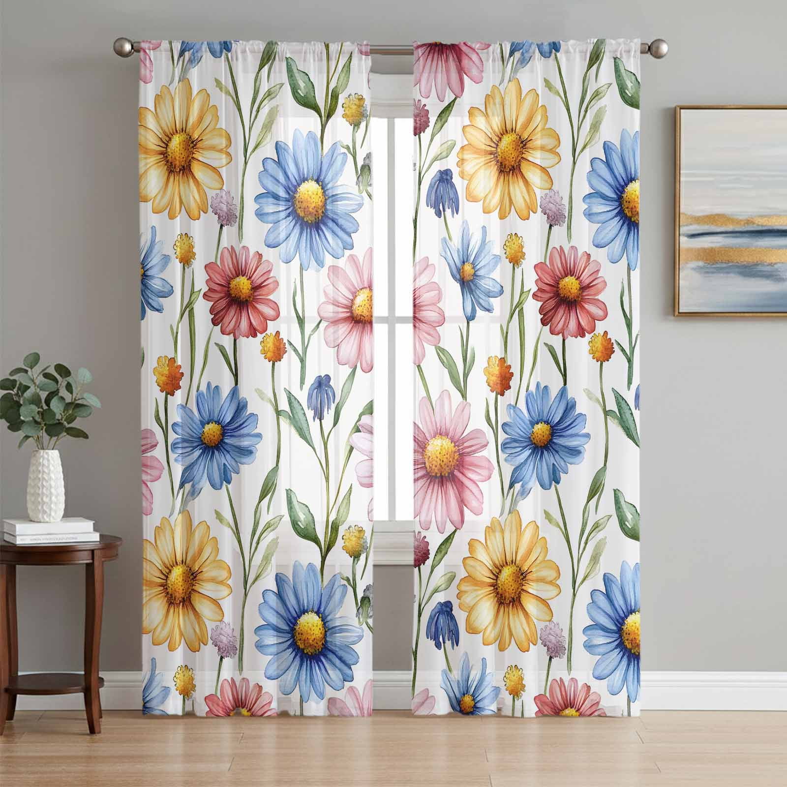 Blue Yellow Red Floral Spring Semi Sheer Curtains 84 Inch Length 2 ...
