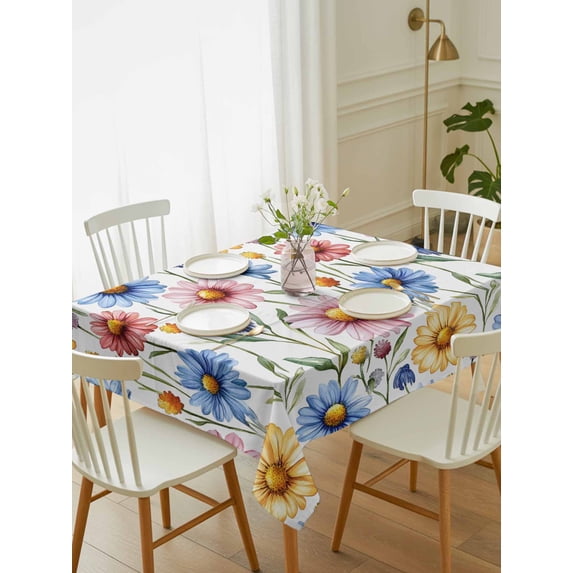 Blue Yellow Red Floral Spring Tablecloth Rectangle Table Cloth 52x70, Waterproof Tablecloth Outdoor Table Cloth, Watercolor Daisy Summer Washable Table Cover for Kitchen Dinning Party