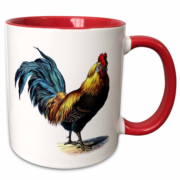 3drose, Blue Yellow Red Victorian Rooster, 15oz Two-tone Red Mug