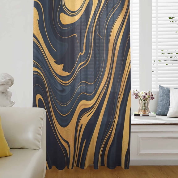Blue Yellow Ripple Semi Sheer Curtains Drapes for Living Room, Bedroom, French Doors Window 54 Inches Long, Fluid Modern Abstract Art Rod Pocket Chiffon Curtain Drapery Voile Draperies Panel