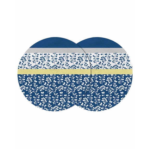 Blue Yellow Round 13 Inch Placemats Set of 2, Botanical Floral Motifs Wildflower Striped HeatResistant Non Slip Place Mats for Dining Table, Wipeable Braided Kitchen Table Mats for Housewarming