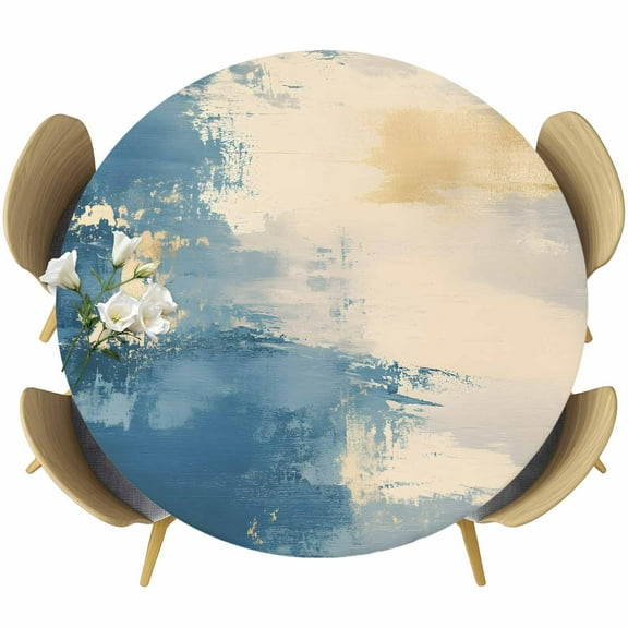 Blue Yellow Round Tablecloth 45-54 Inch Round Fitted Table Cloth with Elastic Edge, Oil Painting Modern Abstract Art Waterproof Table Cover Protector for Outdoor Picnic Party Dining
