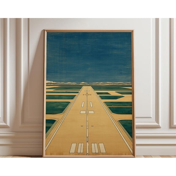 Blue Yellow Runway Abstract Airport Landscape Illustration Modern Aviation Wall Art, Unframed Paper Poster 8x10in