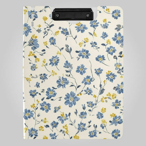 Blue Yellow Small Flowers Foldable Binder Folder Clipboard with Pen Slot Double Clips A4 Size File Storage