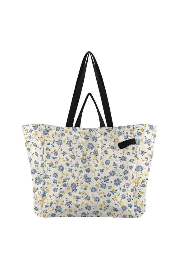 Blue Yellow Small Flowers Foldable Canvas Tote Bags Reusable Grocery Bags Laundry Bags Beach Bag 32L