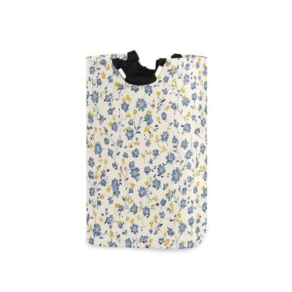 Blue Yellow Small Flowers Laundry Basket with Handles Foldable Laundry Hamper Freestanding Washing Bin 50L