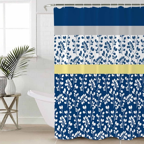 Blue Yellow Small Stall Shower Curtain, Waterproof Shower Curtains for Bathroom, Botanical Floral Motifs Wildflower Striped Washable Fabric Cloth Bath Curtain for Bathtub with Hooks 36x72 Inches