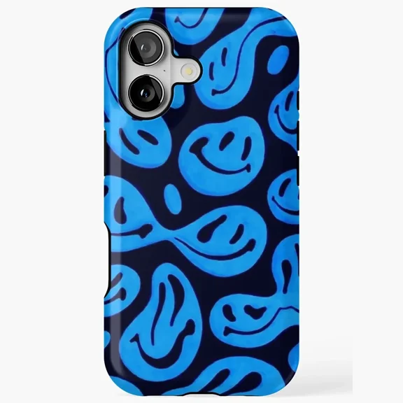 Blue Yellow Smiley Face Happy Icon Pattern iPhone 11 12 13 14 15 16 17 Pro Max Phone Cover