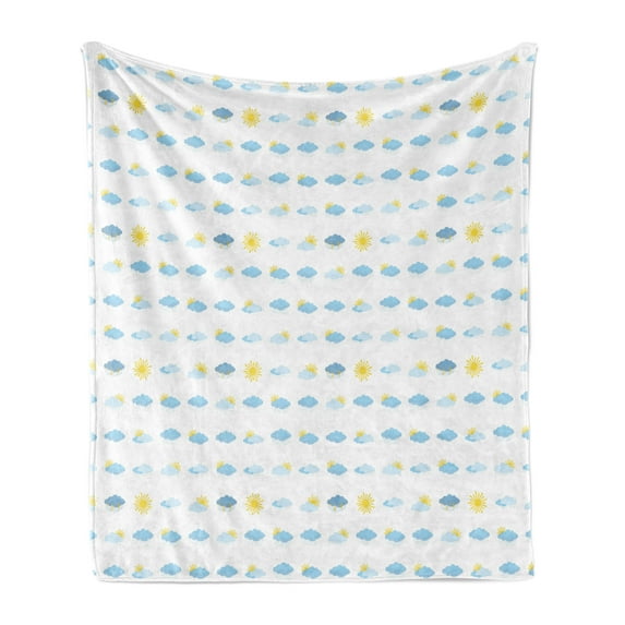 Blue and Yellow Soft Flannel Fleece Throw Blanket, Meteorology Clouds Sun Bolts Rain Snow Natural Phenomena, Cozy Plush for Indoor and Outdoor Use, 70" x 90", Pale Blue and Yellow, by Ambesonne