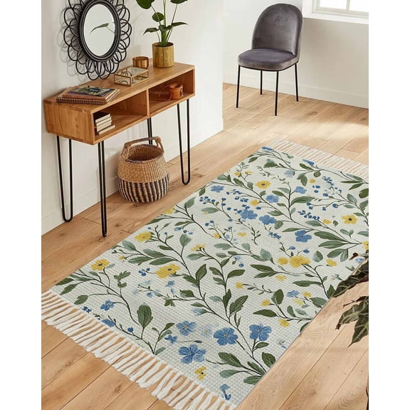 Blue Yellow Spring Floral Area Rug 3x5ft Woven Runner Rug,Summer Elegant Botanical Green Washable Living Room Hallway Bedroom Kitchen Carpet with Tassels,Indoor Outdoor Throw Door Mat for Entryway