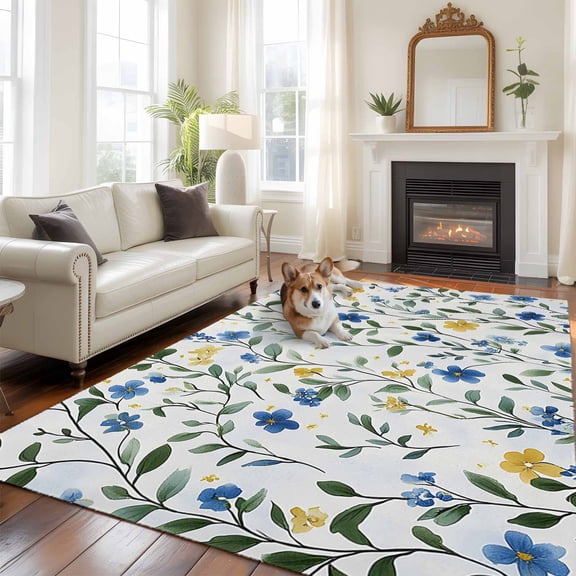 Blue Yellow Spring Floral Area Rug 5x7 FT, Non Slip Bedroom Throw Carpet, Elegant Summer Botanical Green Washable Soft Floor Carpet Non-Shedding Rug for Dining Room Bedside Classroom Desk