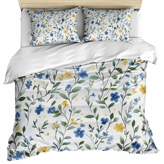 Blue Yellow Spring Floral Bedding 3 Piece Duvet Cover Set California King, Elegant Summer Botanical Green Soft Microfiber Comforter Cover with Zipper Closure & Pillowcases, FadeResistant Quilt Cover