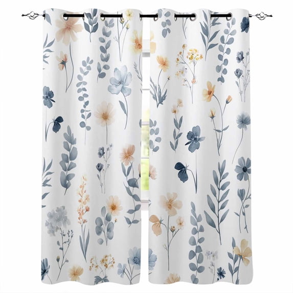 Blue Yellow Spring Floral Blackout Curtains for Bedroom 45 Inch Length 2 Panels Set, Watercolor Botanical Flowers Thermal Insulated Energy Saving Window Treatment Curtains Blackout Drapes 52"x45"