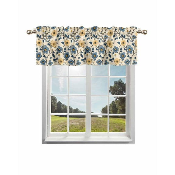 Blue Yellow Spring Floral Curtain Valance for Windows/Living Room/Kitchen/Bathroom/Café, Short Rod Pocket Tier Curtain Window Treatment Panel Botanical Garden Flowers Topper Curtain 54''x18''