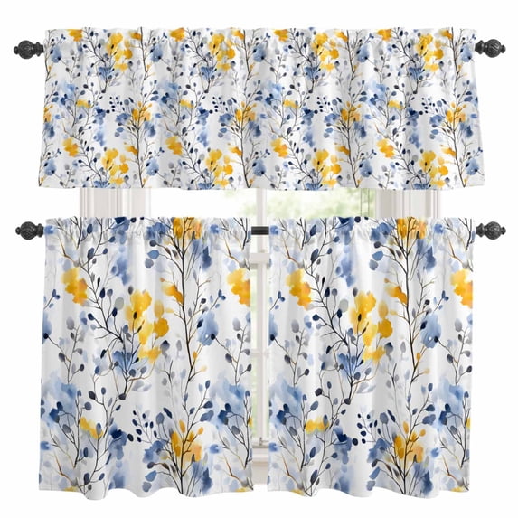 Blue Yellow Spring Floral Kitchen Curtains Sets for Windows 36 Inch Length, Summer Botanical Abstract Rod Pocket Window Treatments Tier Curtains and Valances Set for Bedroom/Bathroom